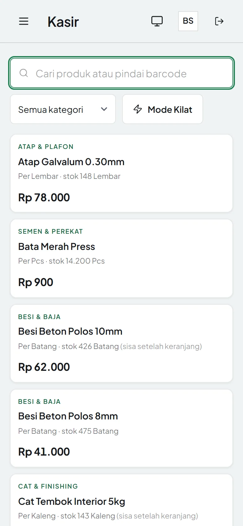 Kasir di layar ponsel: cari produk atau pindai barcode, lalu pilih barang.